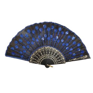 duo er folding fans peacock feather print chinese style dance wedding hand fan lace folding held flower fans (color : blue)