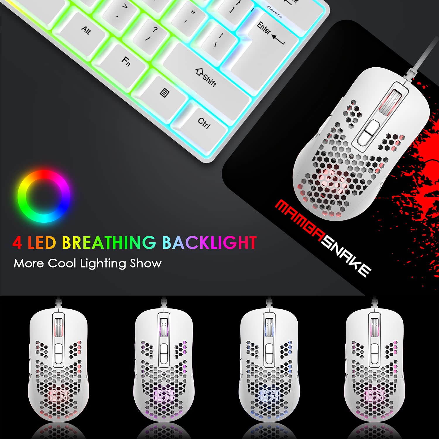 LexonElec Mini Ultralight Wired Gaming Mouse,4 Kinds RGB Backlit,2400DPI 4 Levels Adjustable,Lightweight Honeycomb Shell Mice for PC Gamers,Xbox,PS4(White)