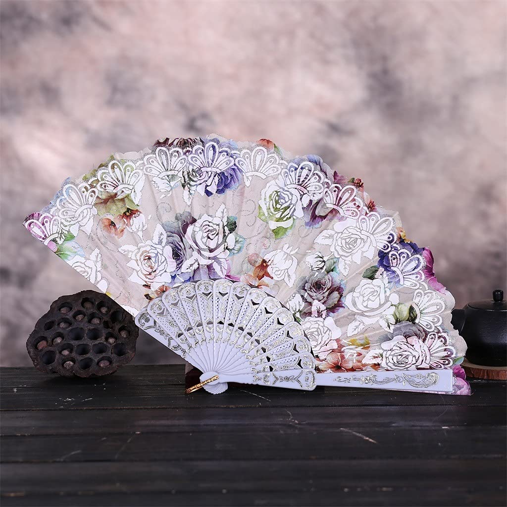 DUO ER Chinese Style Dance Wedding Party Lace Silk Folding Hand Held Flower Fan Home Decoration Vintage Fans (Color : Sky Blue)