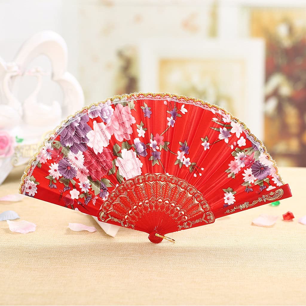 DUO ER Folding Fan Vintage Chinese Style Hand Held Fans Lace Silk Folding Fans Handheld Folded Fan for Church Party Dance Wedding Gift (Color : Hot Pink)