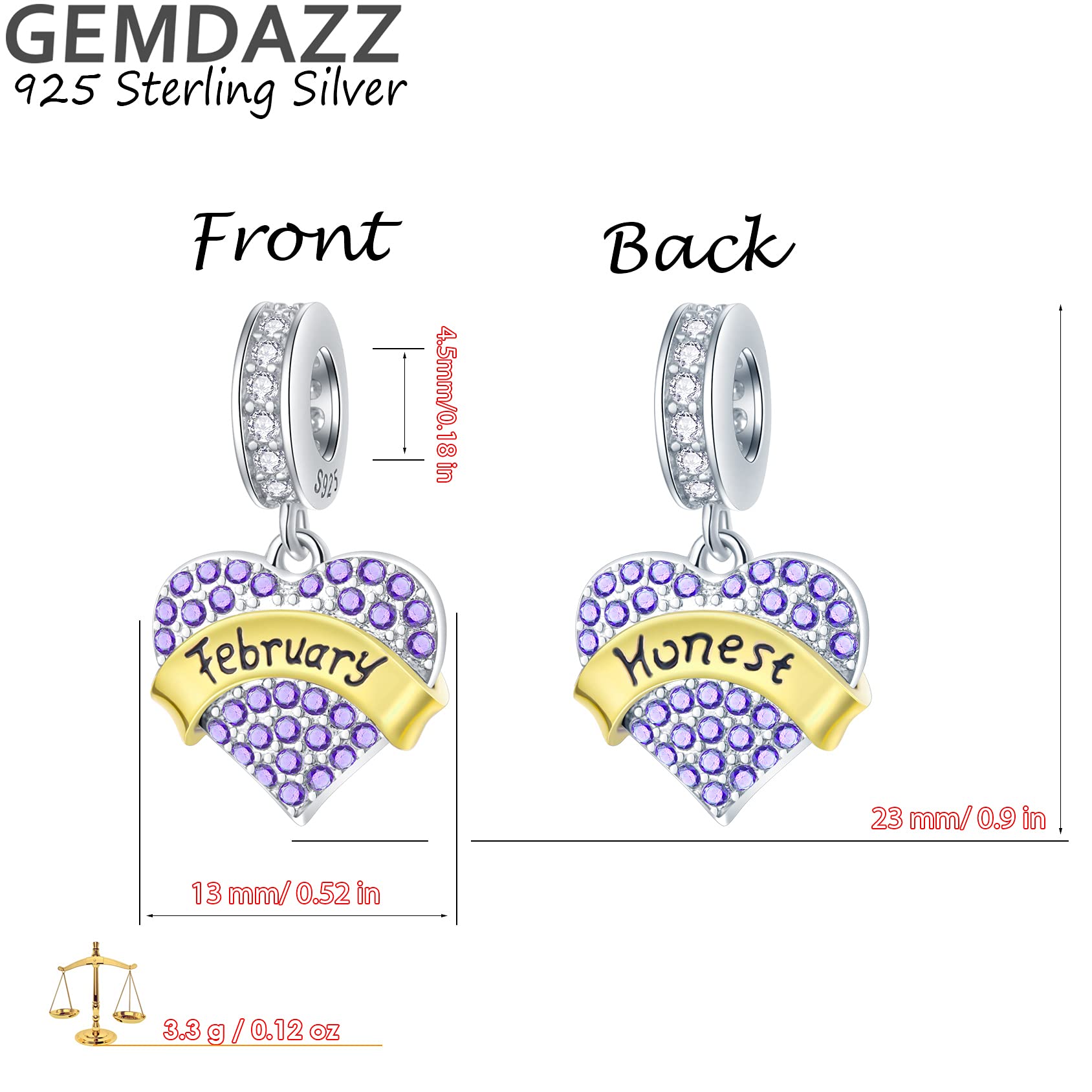 February Birthstone is Honest Heart Dangle Charms, fits Pandora Valentines Bracelet, Amethyst Purple CZ Love Pendant Beads in 925 Sterling Silver, Gift for Wife/Sister/Birthday