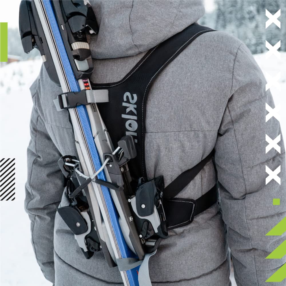 Sklon Adult Ski and Pole Carrier Strap Harness - Avoid the Struggle and Easily Transport Your Skis and Poles on Your Back - Light and Compact - HoneyComb Black