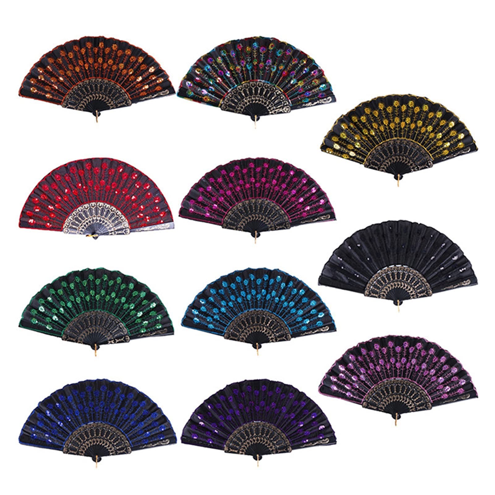 Fan Rainbow Color Christmas Dance Fan Pattern Folding Hand held Embroidered Sequin Gift Fan Hand Fan (Color : E, Fan Size : 9.5 inches)