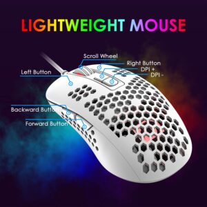 LexonElec Mini Ultralight Wired Gaming Mouse,4 Kinds RGB Backlit,2400DPI 4 Levels Adjustable,Lightweight Honeycomb Shell Mice for PC Gamers,Xbox,PS4(White)