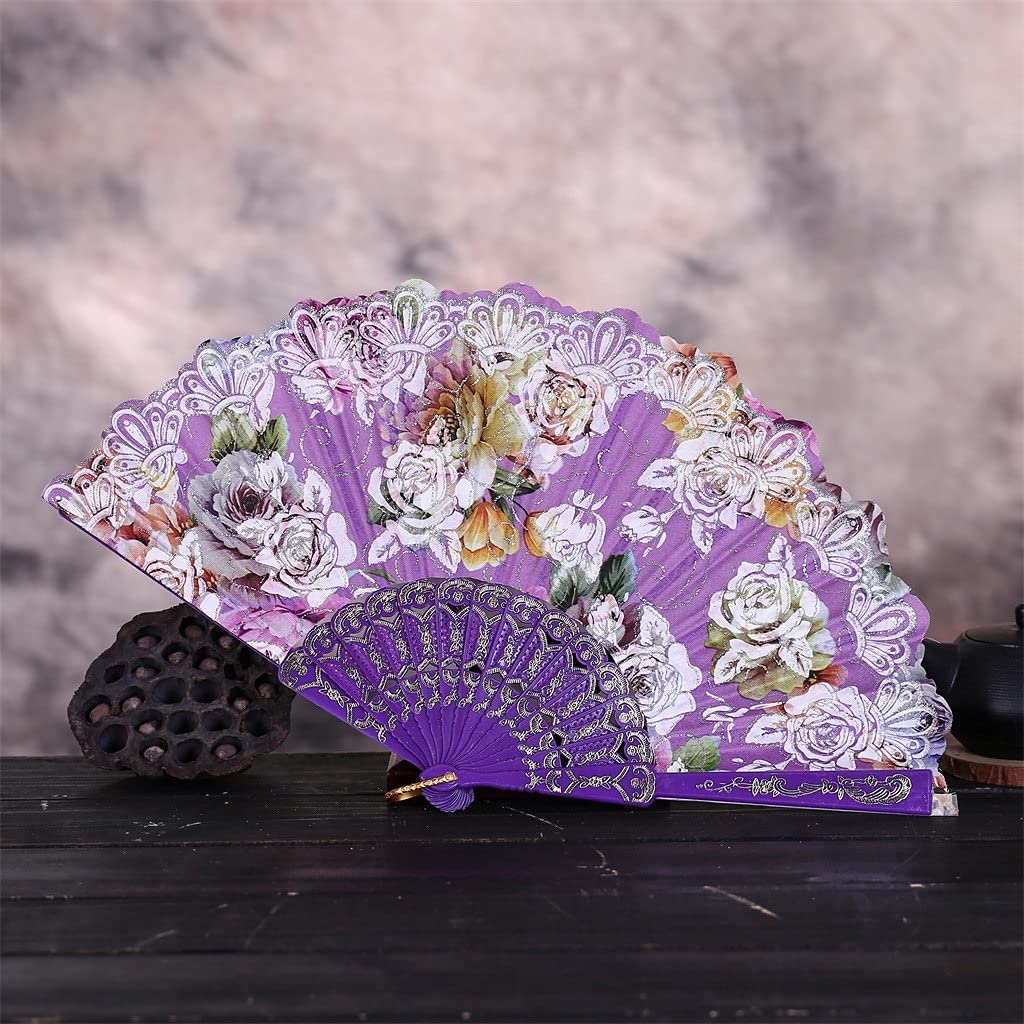 DUO ER 2pcs Folding Held Fans Pattern Dance Wedding Party Lace Folding Hand Held Flower Fans Hand Held Fan (Color : Purple)