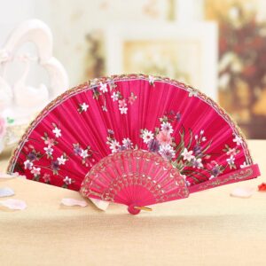 DUO ER Folding Fan Vintage Chinese Style Hand Held Fans Lace Silk Folding Fans Handheld Folded Fan for Church Party Dance Wedding Gift (Color : Hot Pink)