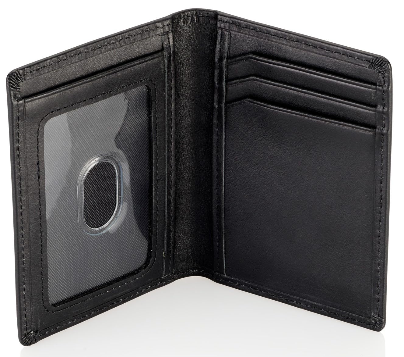 Stealth Mode Men's Slim Front Pocket Wallet - RFID Blocking, Thin Minimalist Bifold Design, Genuine Leather - ID Badge Window and 5 Sleeves for Money, Credit and Debit Cards, Driver's License - Black