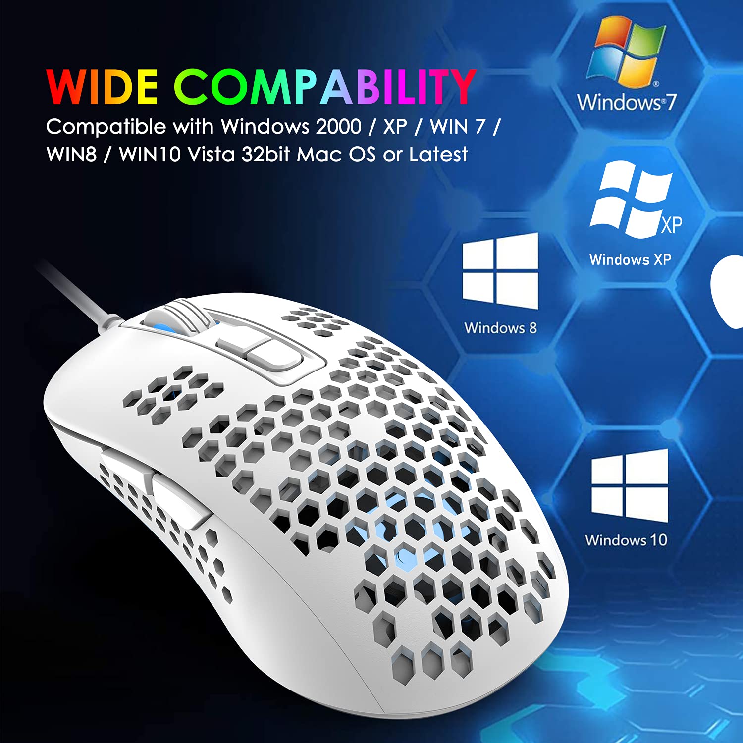 LexonElec Mini Ultralight Wired Gaming Mouse,4 Kinds RGB Backlit,2400DPI 4 Levels Adjustable,Lightweight Honeycomb Shell Mice for PC Gamers,Xbox,PS4(White)