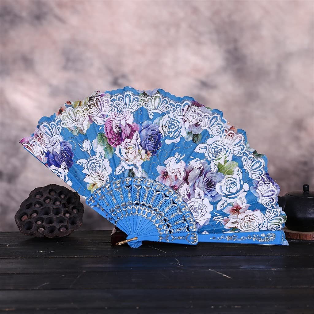 DUO ER Chinese Style Dance Wedding Party Lace Silk Folding Hand Held Flower Fan Home Decoration Vintage Fans (Color : Sky Blue)