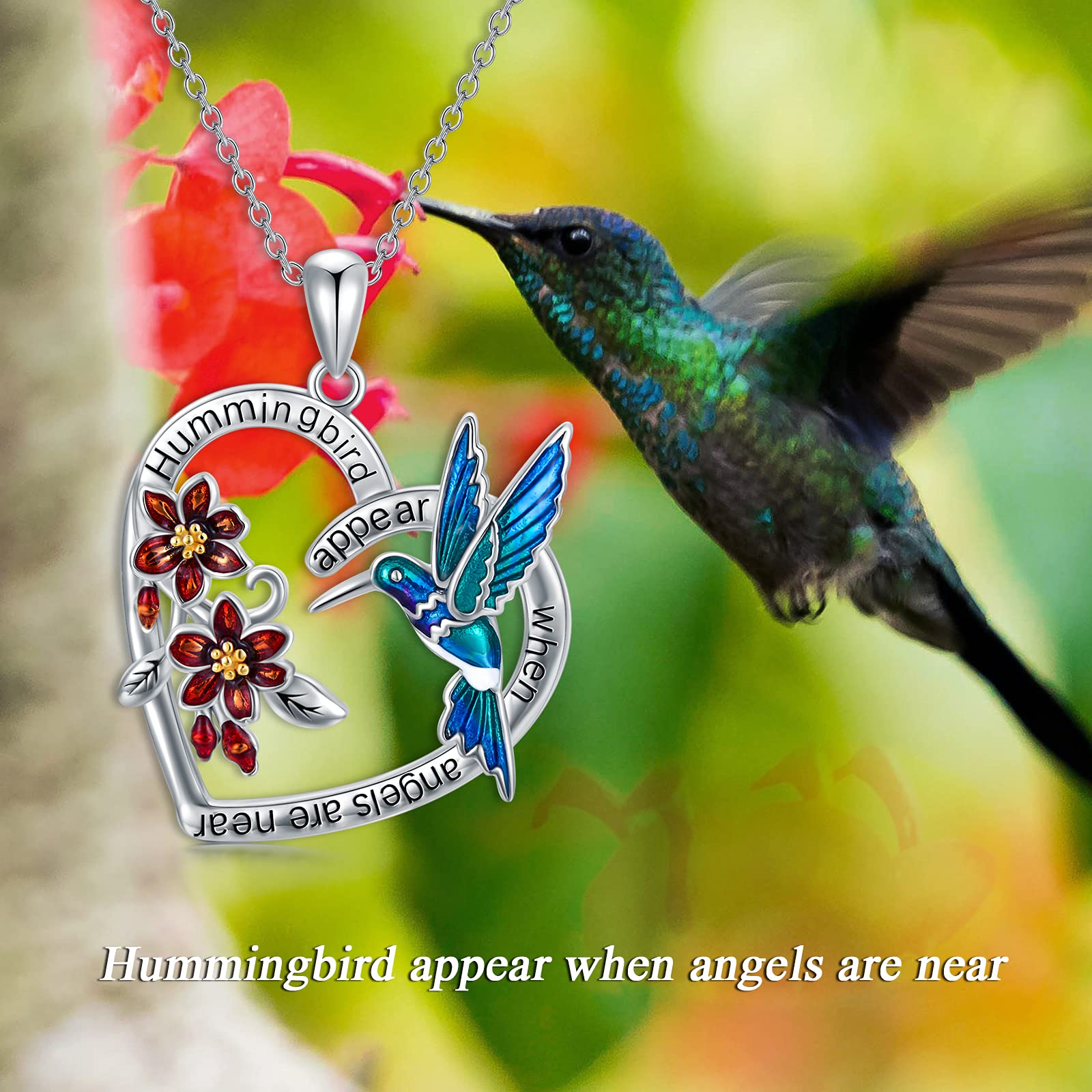 LONAGO Hummingbird Necklace Hummingbird Heart Pendant Necklace 925 Sterling Silver Hummingbirds Necklaces Gifts for Women