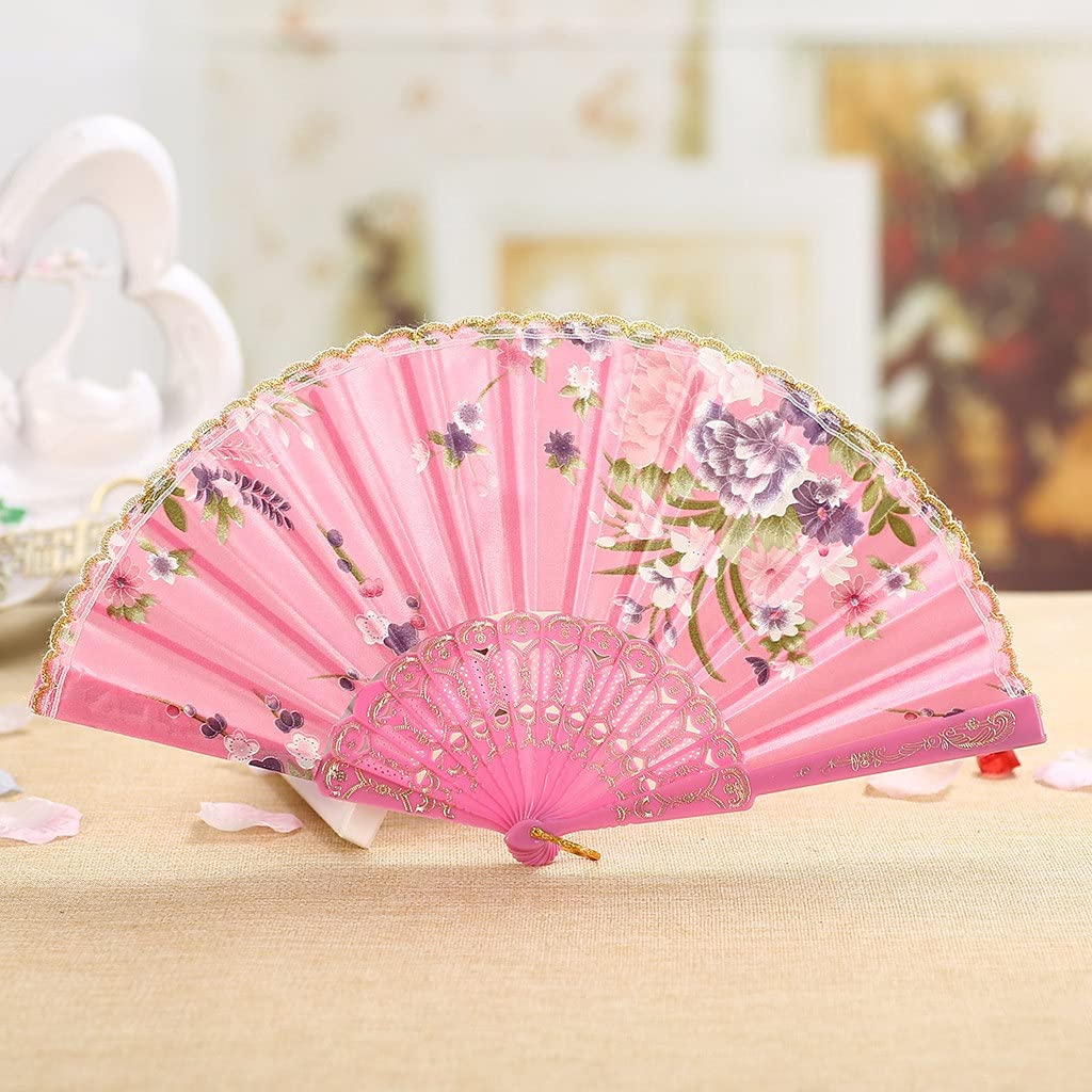 DUO ER Folding Fan Vintage Chinese Style Hand Held Fans Lace Silk Folding Fans Handheld Folded Fan for Church Party Dance Wedding Gift (Color : Hot Pink)