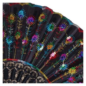 Fan Rainbow Color Christmas Dance Fan Pattern Folding Hand held Embroidered Sequin Gift Fan Hand Fan (Color : E, Fan Size : 9.5 inches)