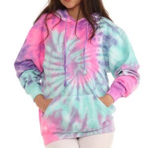 pure essence tie dye long sleeve pullover hoodie for men and women, fleece hooded sweatshirt with front pocket and drawstring, pink jelly, large