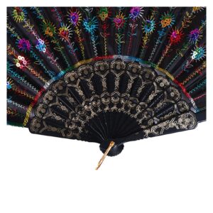 Fan Rainbow Color Christmas Dance Fan Pattern Folding Hand held Embroidered Sequin Gift Fan Hand Fan (Color : E, Fan Size : 9.5 inches)