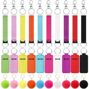 Junkin 40 Pcs Lipstick Holder Keychain Lip Holder, Clip on Lipstick Pouch Fluffy Ball Keychain with Keyring (Colorful Style)