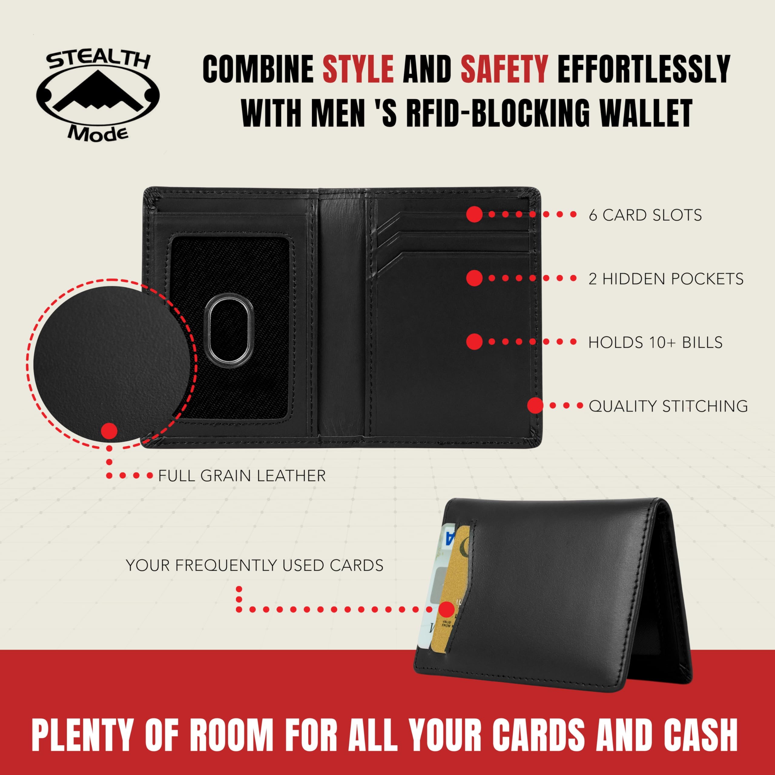 Stealth Mode Men's Slim Front Pocket Wallet - RFID Blocking, Thin Minimalist Bifold Design, Genuine Leather - ID Badge Window and 5 Sleeves for Money, Credit and Debit Cards, Driver's License - Black