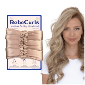 robecurls heatless hair curler set - satin curling headband for natural, no-heat curls - sleep in overnight styling tool with 2 scrunchies for women - easy and gentle on hair (cream)