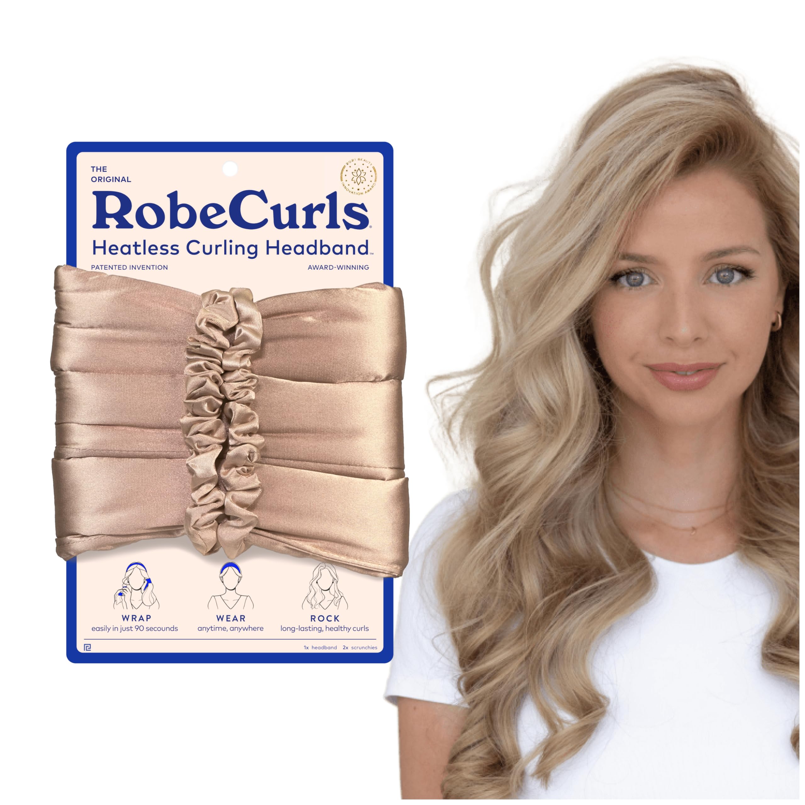 RobeCurls Heatless Hair Curler Set - Satin Curling Headband for Natural, No-Heat Curls - Sleep in Overnight Styling Tool with 2 Scrunchies for Women - Easy and Gentle on Hair (Cream)