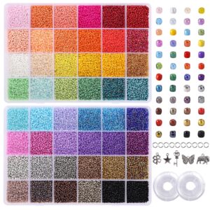 quefe 44000pcs 2mm glass seed beads for bracelet making kit, 48 colors small beads, craft beads kit for jewelry making, with 2 storage boxes, charms, jump rings and clear elastic string cord