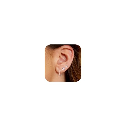 LANE WOODS 3 Pairs Sterling Silver Hoop Stud Earrings Sets for Women: Hypoallergenic Small Tiny Ball Stud CZ Dainty Endless Sterling Silver Huggie Hoops Earrings Piecing Jewelry for Women Sensitive Ears