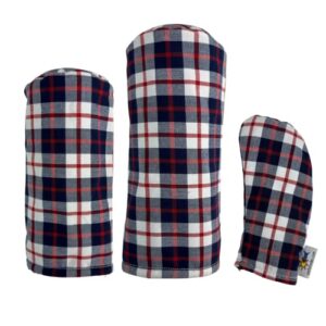 sunfish tartan golf headcover set white, navy, red plaid - driver, fairway, hybrid