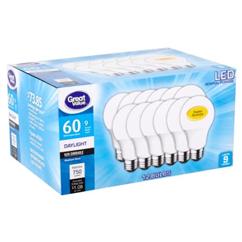 Great Value LED 9 Watts 60 Watt Equivalent Daylight Medium Base Bulbs, 12 Count, 739730