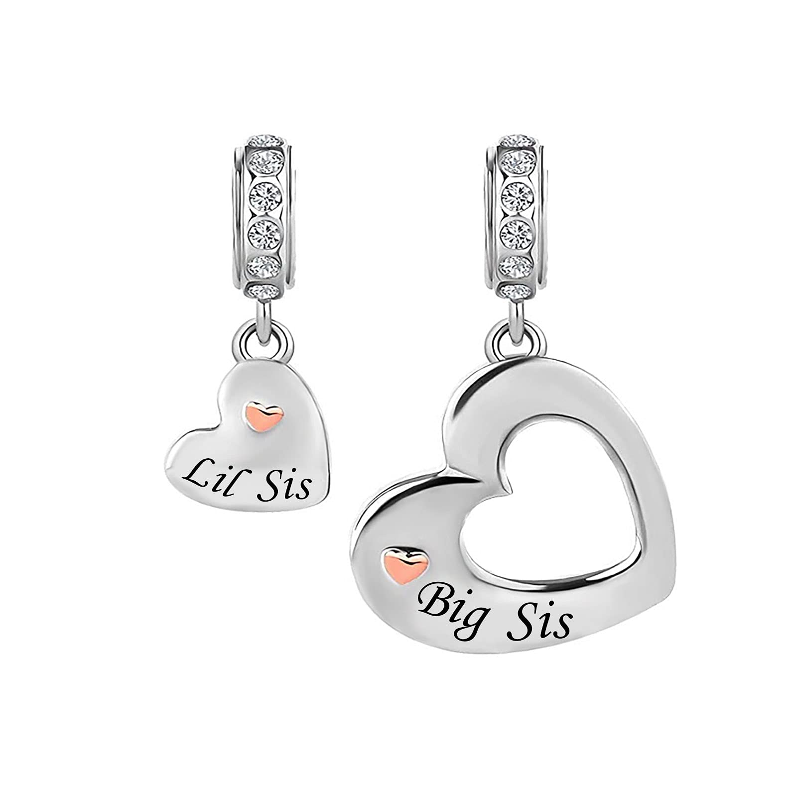 TGLS Women Heart Love Big Sister Little Sister Charms 2 Pcs Dangle Bead Compatible With Pandora Charms Bracelets