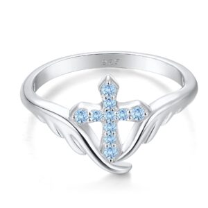 STARCHENIE Cross Ring 925 Sterling Silver Angel Wings Ring for Women March Aquamarine Size7