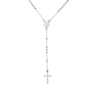 Bling Jewelry Religious Christian Dainty 2MM Round Ball Beaded Link Holy Mother Virgin Mary Delicate Simple Cross Prayer Rosary Rosario Chain for Women Teen Silver Tone Stainless Steel