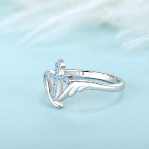 STARCHENIE Cross Ring 925 Sterling Silver Angel Wings Ring for Women March Aquamarine Size7