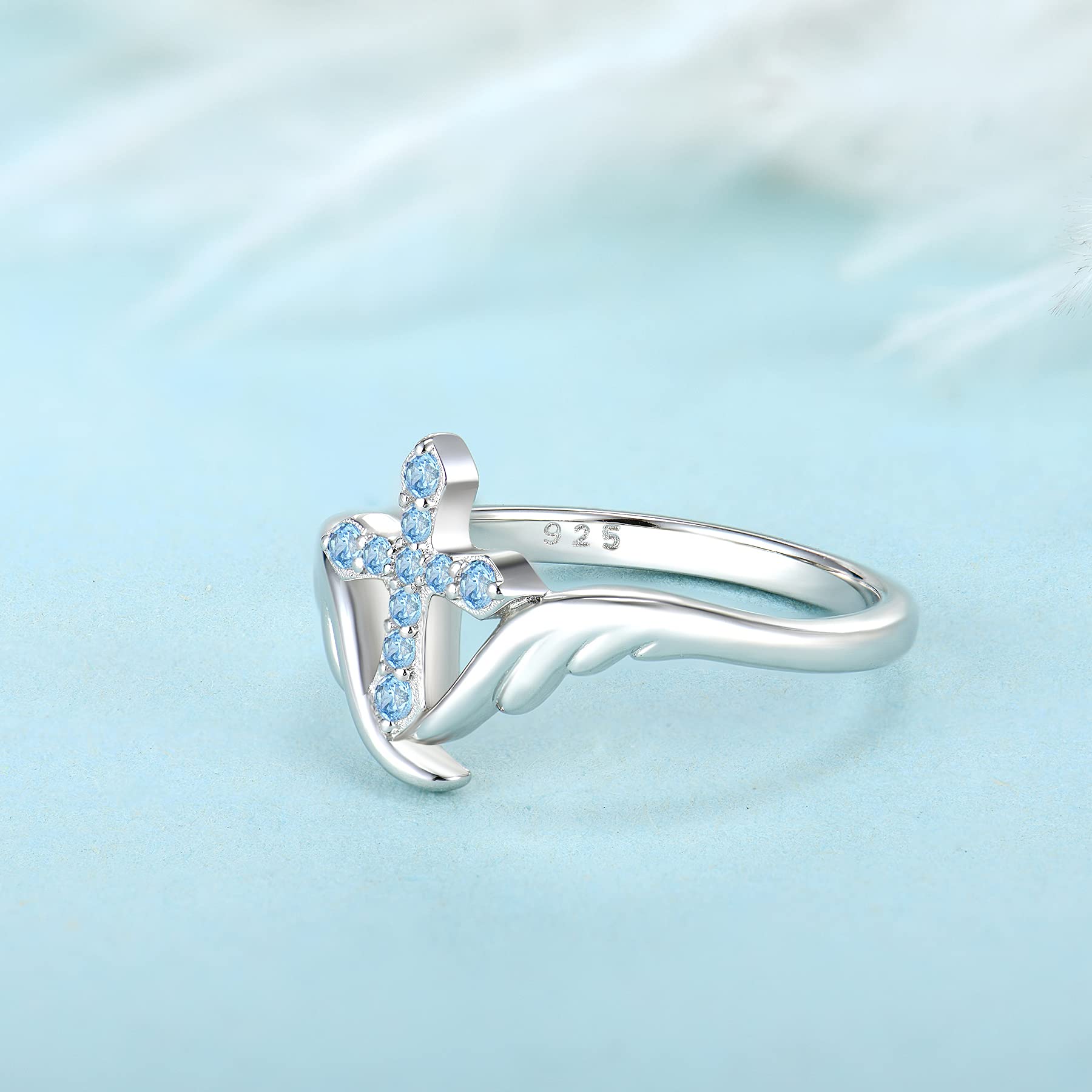 STARCHENIE Cross Ring 925 Sterling Silver Angel Wings Ring for Women March Aquamarine Size7