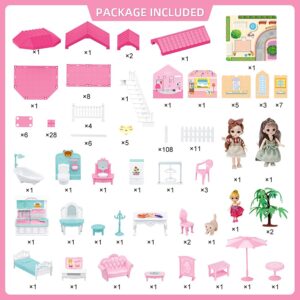 Mini Tudou Doll House Dreamhouse for Girls, Dollhouse with Lights, Play Mat and Dolls,DIY Building Pretend Play House with Accessories Furniture and Household Items,Playhouse for Girls 3-12 (9 Rooms)