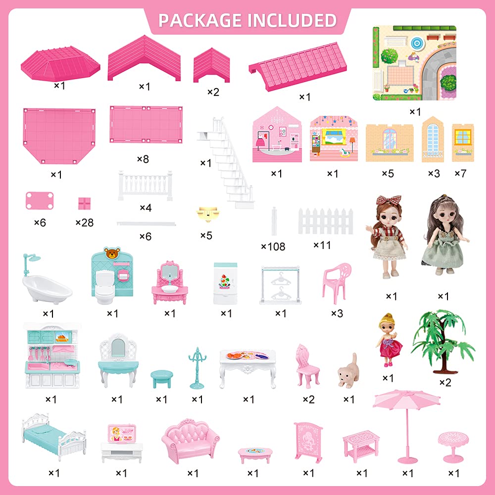 Mini Tudou Doll House Dreamhouse for Girls, Dollhouse with Lights, Play Mat and Dolls,DIY Building Pretend Play House with Accessories Furniture and Household Items,Playhouse for Girls 3-12 (9 Rooms)