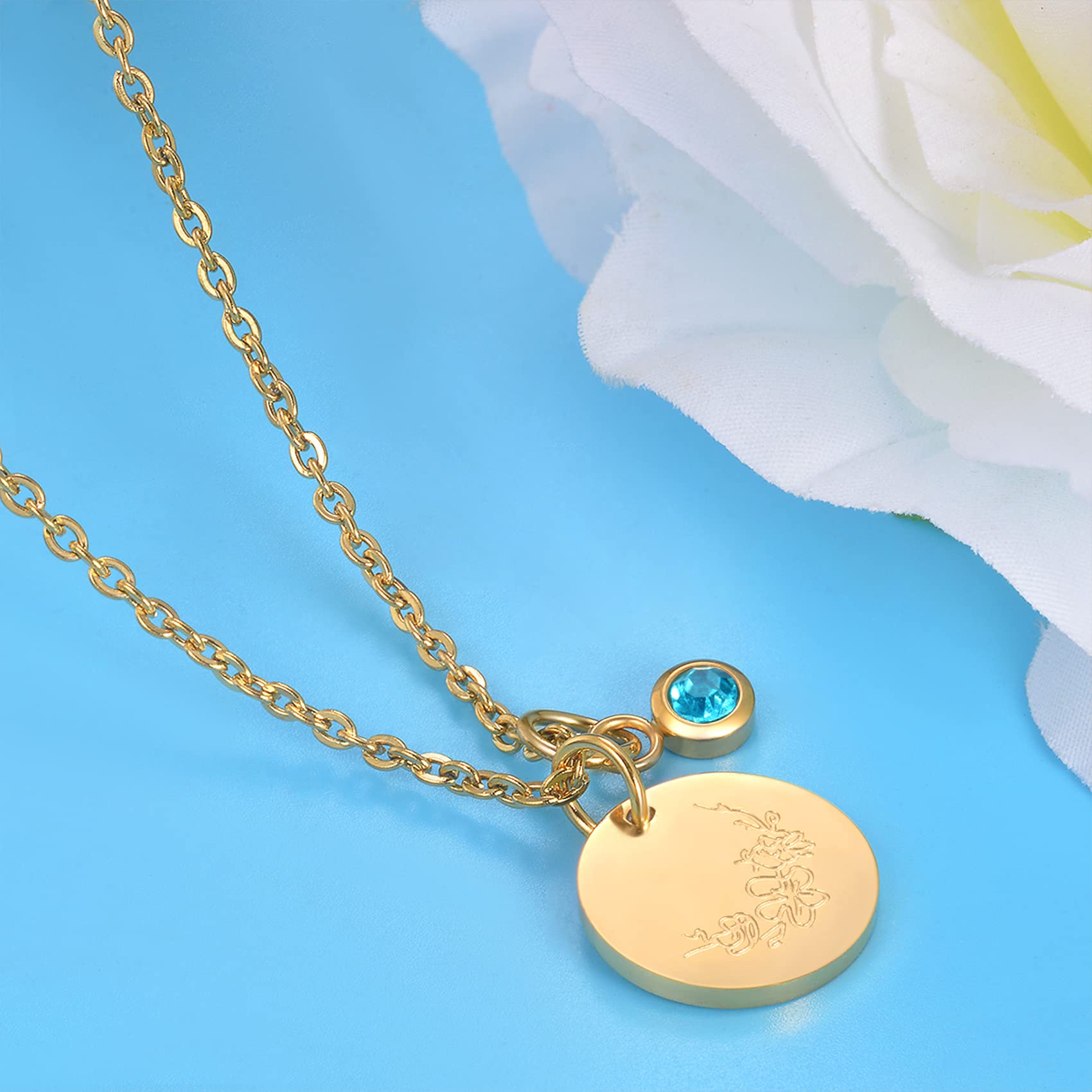 CERSLIMO Birthday Gifts for Her Birth Flower Necklaces, 18K Gold Plated Dainty March Birth Month Floral Birthstone Coin Pendant Necklaces Cherry Blossom Wildflower Jewelry Gifts for Women