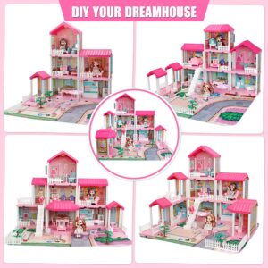 Mini Tudou Doll House Dreamhouse for Girls, Dollhouse with Lights, Play Mat and Dolls,DIY Building Pretend Play House with Accessories Furniture and Household Items,Playhouse for Girls 3-12 (9 Rooms)