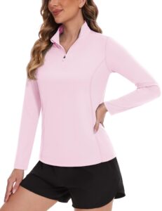 tacvasen women's rash guard shirts pink workout tops long sleeve quarter zip pullover womens upf 50+ golf shirts, l