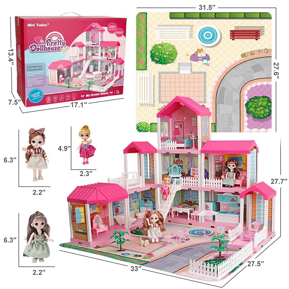 Mini Tudou Doll House Dreamhouse for Girls, Dollhouse with Lights, Play Mat and Dolls,DIY Building Pretend Play House with Accessories Furniture and Household Items,Playhouse for Girls 3-12 (9 Rooms)