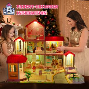 Mini Tudou Doll House Dreamhouse for Girls, Dollhouse with Lights, Play Mat and Dolls,DIY Building Pretend Play House with Accessories Furniture and Household Items,Playhouse for Girls 3-12 (9 Rooms)