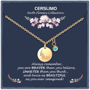 CERSLIMO Birthday Gifts for Her Birth Flower Necklaces, 18K Gold Plated Dainty March Birth Month Floral Birthstone Coin Pendant Necklaces Cherry Blossom Wildflower Jewelry Gifts for Women