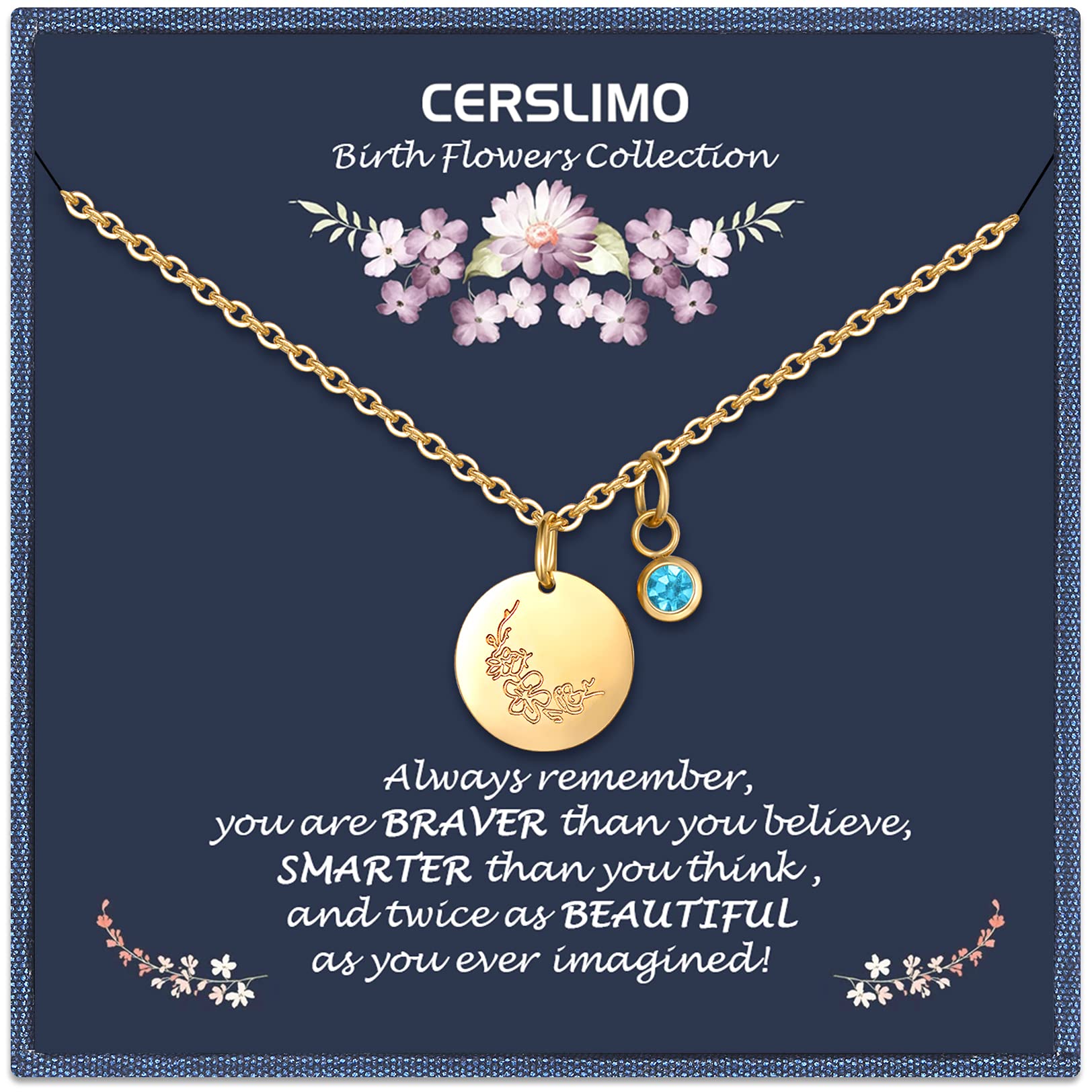 CERSLIMO Birthday Gifts for Her Birth Flower Necklaces, 18K Gold Plated Dainty March Birth Month Floral Birthstone Coin Pendant Necklaces Cherry Blossom Wildflower Jewelry Gifts for Women