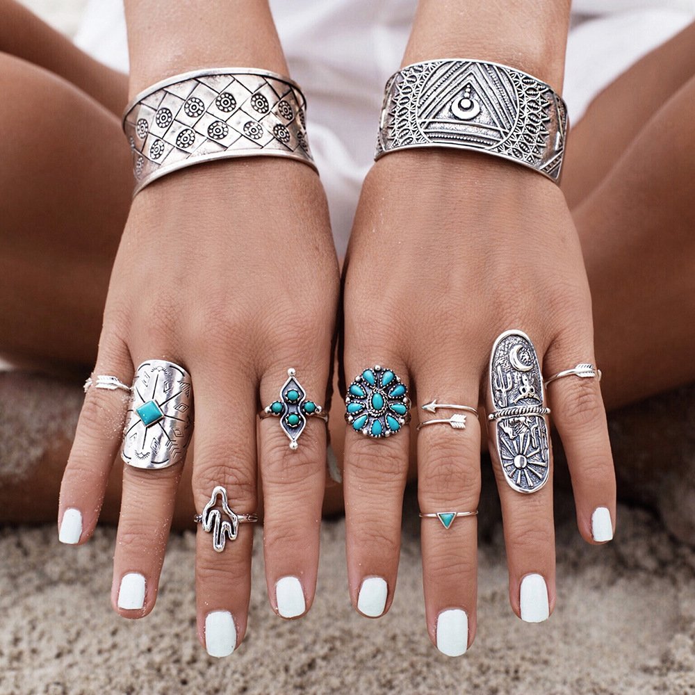 COLORFUL BLING 9 Pcs Set Boho Western Ring Set Turquoise Cactus Arrow Flower Carved Retro Stackable Joint Knuckle Finger Rings Sets for Women