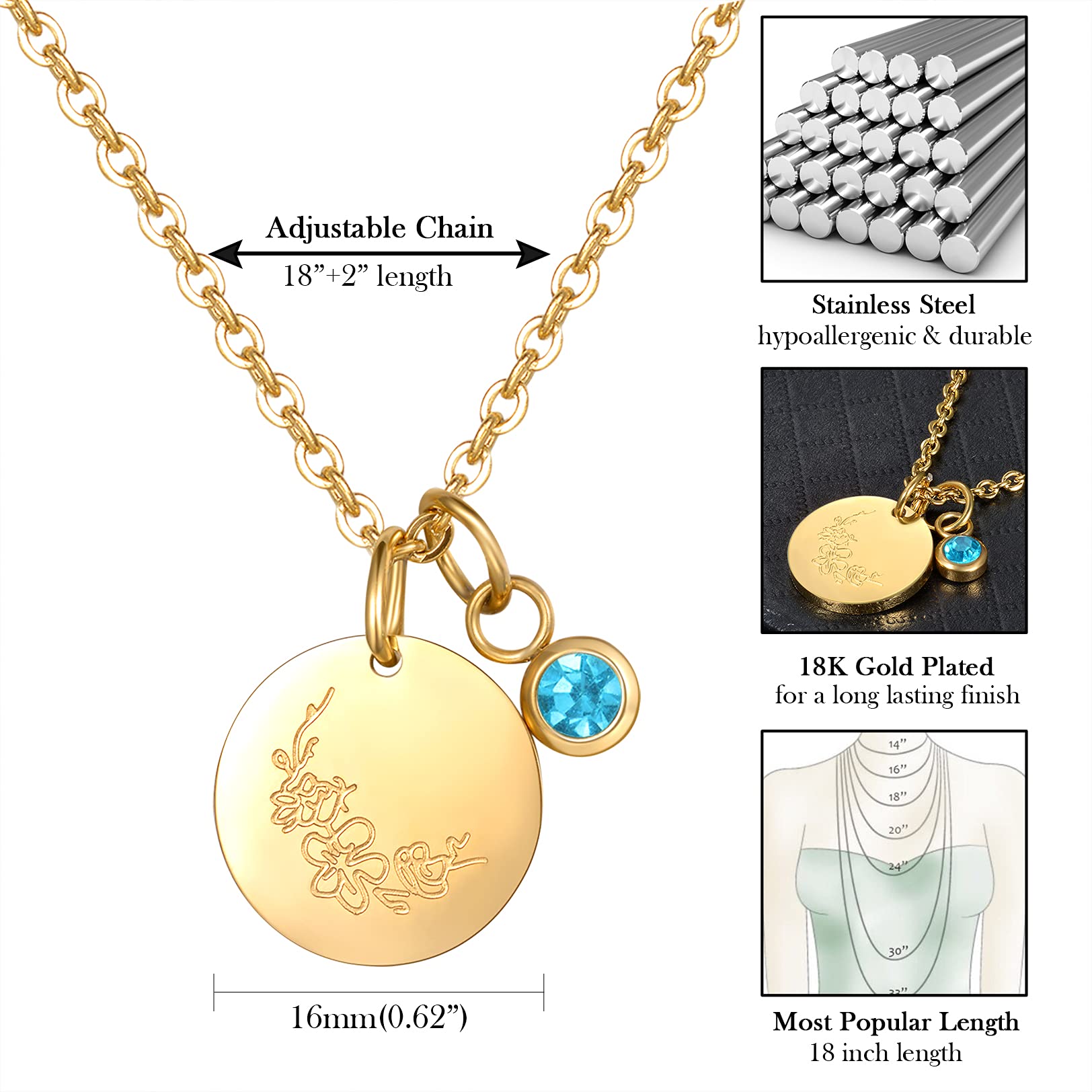 CERSLIMO Birthday Gifts for Her Birth Flower Necklaces, 18K Gold Plated Dainty March Birth Month Floral Birthstone Coin Pendant Necklaces Cherry Blossom Wildflower Jewelry Gifts for Women