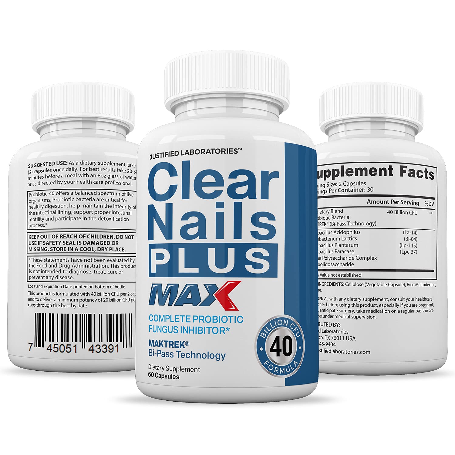 Justified Laboratories Clear Nails Plus Max Pills 40 Billion CFU Probiotic Supports Strong Healthy Hair Skin Nails 60 Capsules