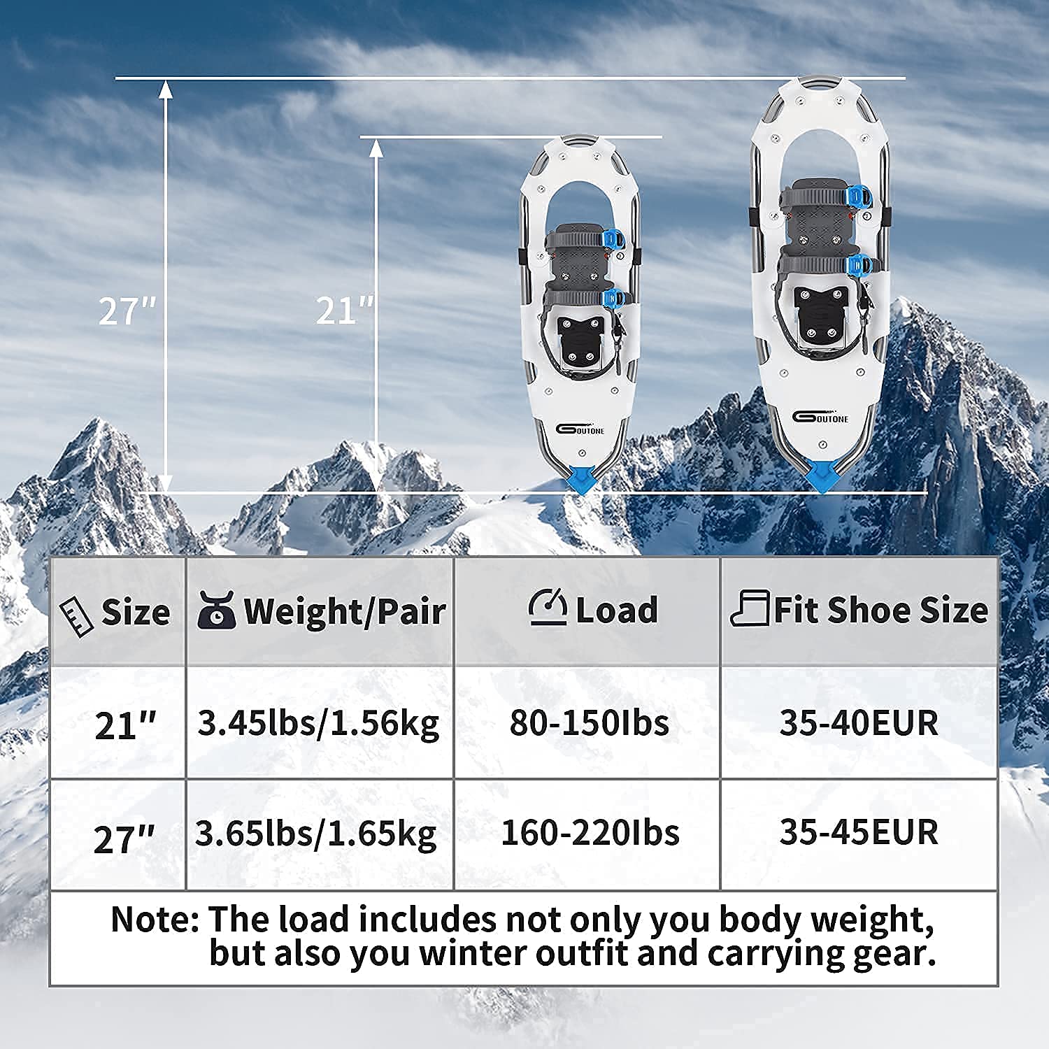 Goutone 21/27 Inches Light Weight Snowshoes for Men and Women. Fully Adjustable Ratchet Bindings, Heel Lift Riser ,Hard Pack Grip Teeth, Carrying Tote Bag