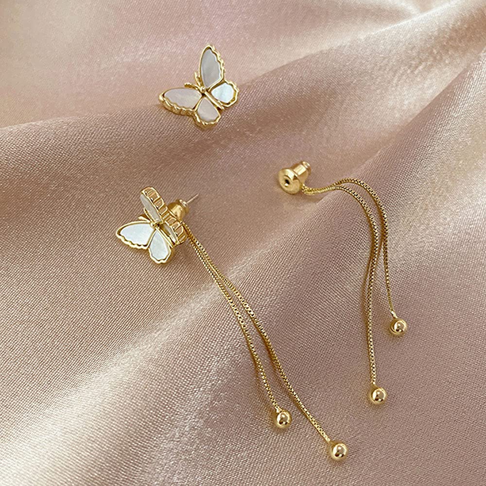 Butterfly Dangle Earrings, 14K Gold Long Chain Tassel Earrings, Two Ways to Wear, Vintage Cute Shell Earrings, Holiday Gifts Jewelry for Women