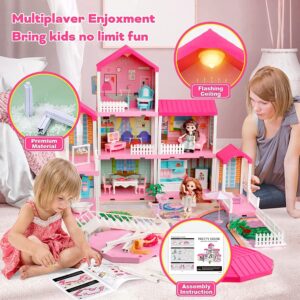 Mini Tudou Doll House Dreamhouse for Girls, Dollhouse with Lights, Play Mat and Dolls,DIY Building Pretend Play House with Accessories Furniture and Household Items,Playhouse for Girls 3-12 (9 Rooms)