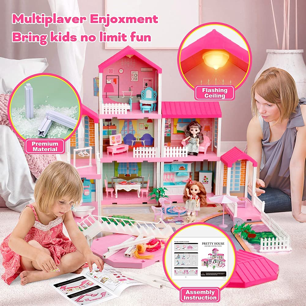 Mini Tudou Doll House Dreamhouse for Girls, Dollhouse with Lights, Play Mat and Dolls,DIY Building Pretend Play House with Accessories Furniture and Household Items,Playhouse for Girls 3-12 (9 Rooms)