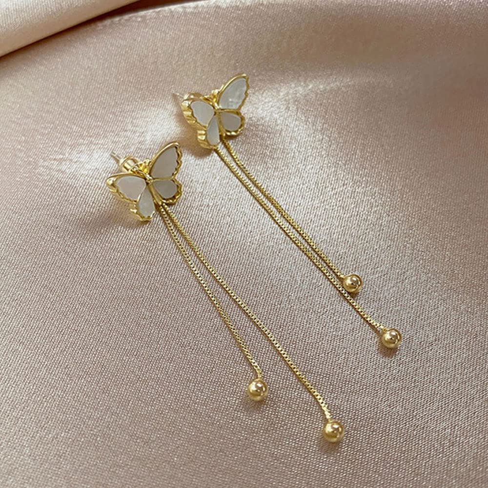 Butterfly Dangle Earrings, 14K Gold Long Chain Tassel Earrings, Two Ways to Wear, Vintage Cute Shell Earrings, Holiday Gifts Jewelry for Women