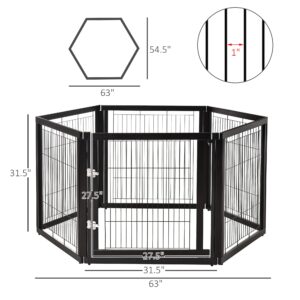 PawHut Transformable Pet Playpen 6 Freestanding Panels Gate Fireplace Christmas Tree Fence Stair Barrier Room Divider with Walk Through Door Wooden Frame Metal Mesh Black 63'' x 54.5'' x 31.5''