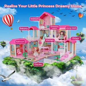 Mini Tudou Doll House Dreamhouse for Girls, Dollhouse with Lights, Play Mat and Dolls,DIY Building Pretend Play House with Accessories Furniture and Household Items,Playhouse for Girls 3-12 (9 Rooms)